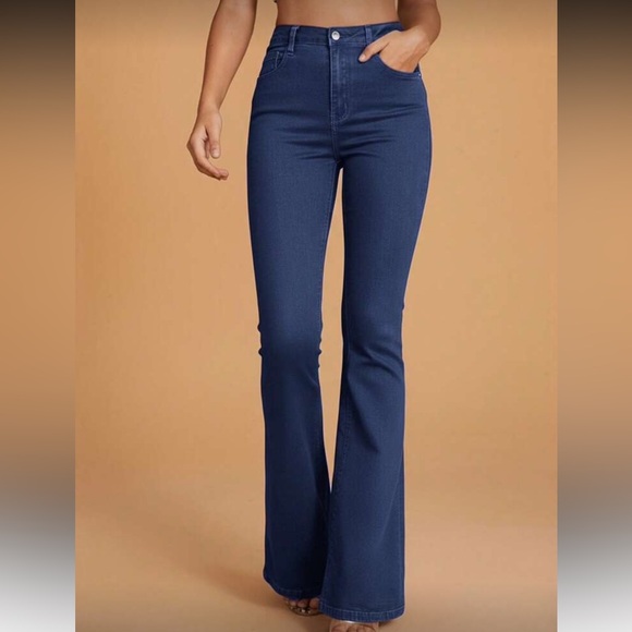 Denim - High Waisted Button Fitted Bell Bottom Light Blue